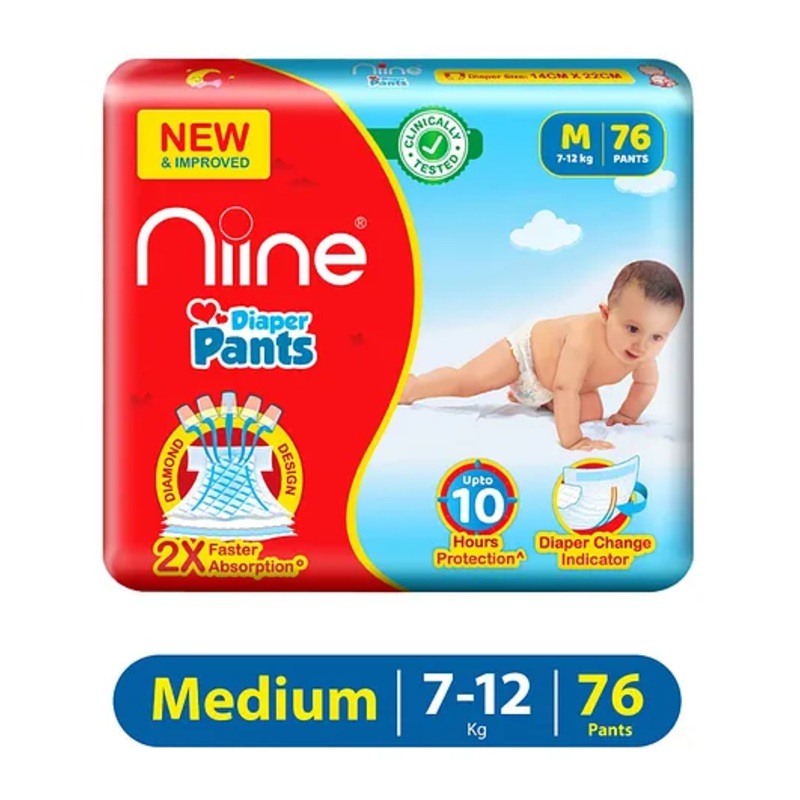 Niine Baby Diaper Pants Medium Size  for Overnight Protection with Rash Control – 76 Pants