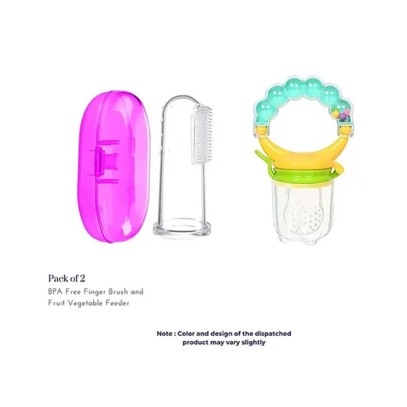 Numum Baby Soft Bristles Finger Toothbrush Having Tongue Cleaner Back With Silicone Baby Food Fruit Vegetable Feeder Baby Teether Baby Musical Rattle Soother Teething Toy For Toddlers Infants Babies PINK( Color and design may vary)