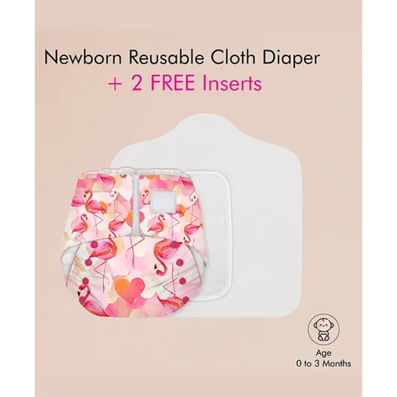 Snugkins Newborn Bliss Reusable Cloth Diaper With Organic Cotton Pad And Booster Pad Flamingo Hearts – Pink