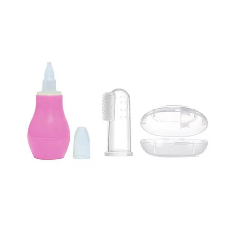 Enorme Baby Silicone Pink Nose Cleaner Nasal Aspirator and Baby Silicone Finger Toothbrush with case for Babies