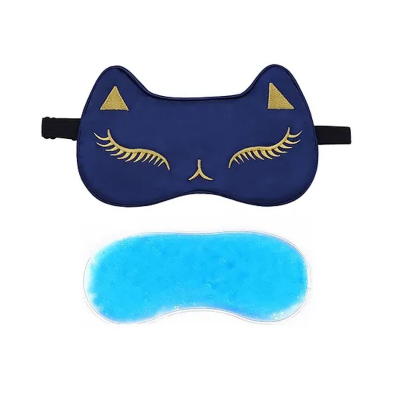 Jenna Silk Feline Print Face Sleeping Eye Mask With Cooling Gel – Blue