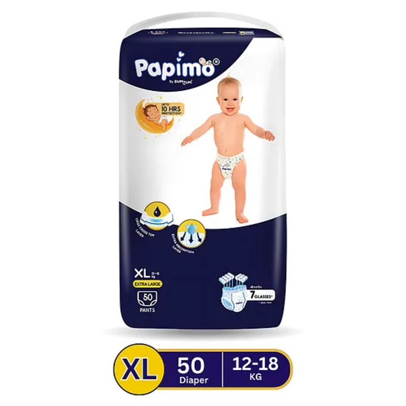 Papimo Baby Diaper Pants  | 12 Hours Absorption with Criss-Cross Technology | Cottony Soft & Breathable | Aloe Vera Infused | Wetness Indicator | Extra Large (10-18 KG) | Pack of 1 (50 Diapers)