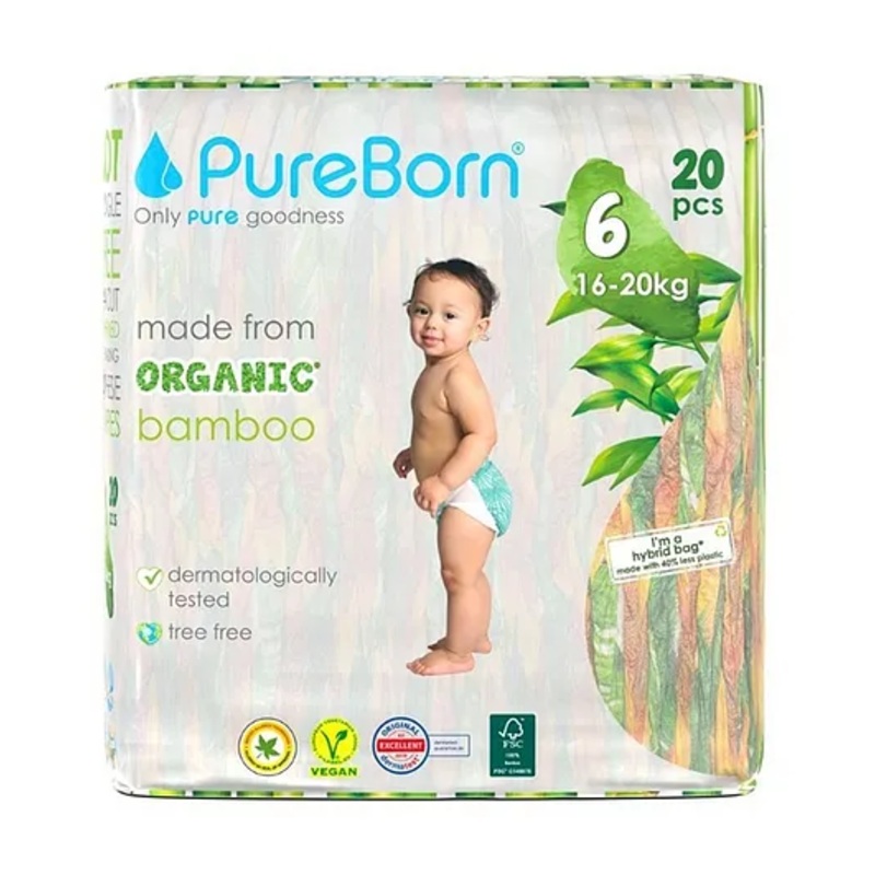PureBorn Organic Disposable Baby Diapers I Super Soft I Maximum Leakage Protection I Made with Organic Bamboo I Single (Pack Of 22 Pcs), Size 6 (16-20 Kg)