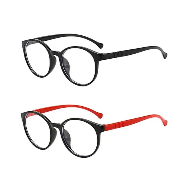 SYGA Pack of 2 Kids Anti-Blue Light Blocking Lightweight Retro Round Frame Glasses for Age 4 to 9 Years old (Black & Black and Red)