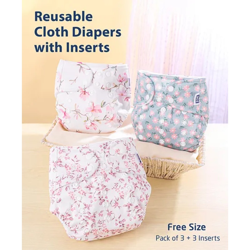 Zoe Free Size Reusable Cloth Diaper with Inserts Floral Theme- Pack of 3