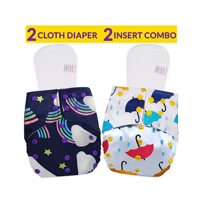 Bembika Reusable Cloth Diapers With Inserts Multi Print Pack of 2 – Blue White