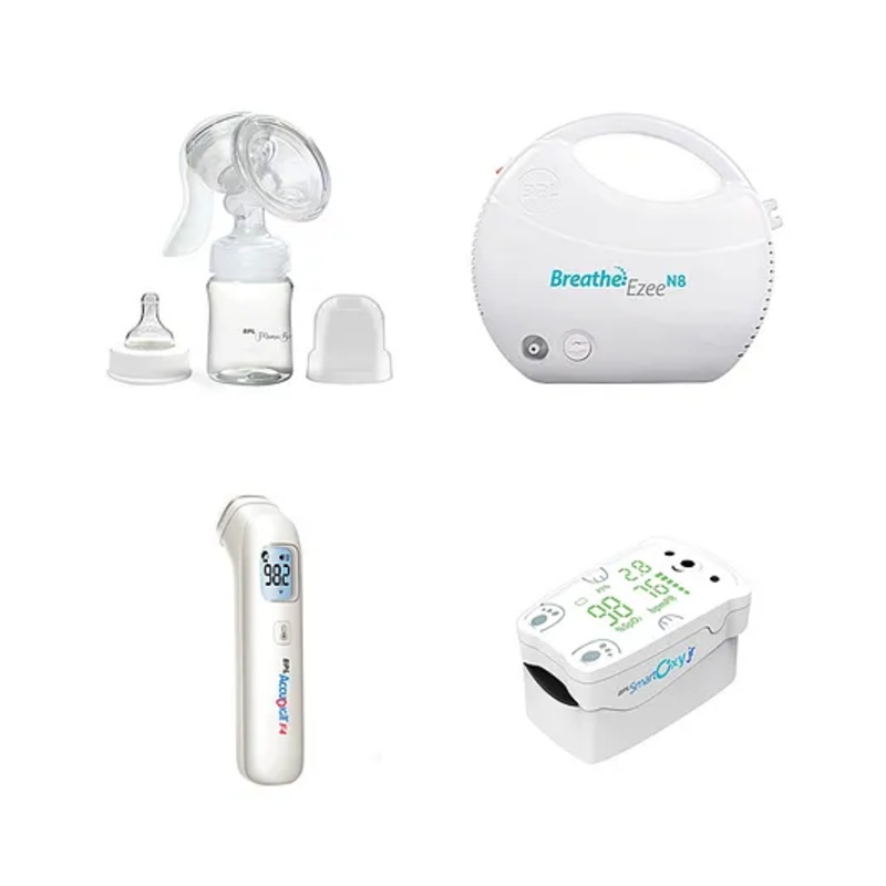 BPL Medical Technologies Kids Health Combo – MamaBee BPA free Breast Pump 150ml + N8 Low Noise Nebulizer+ Smart Oxy Jr Oximeter + Accu Digit Infrared F4 Thermometer
