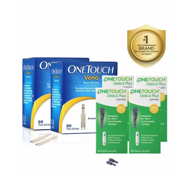 OneTouch Verio Test Strips | Pack of 100 Test Strips along with 100 Delica Plus Lancets | Blood Sugar Test Machine Testing Strips | Global Iconic Brand | For use with OneTouch Verio Flex Glucometer
