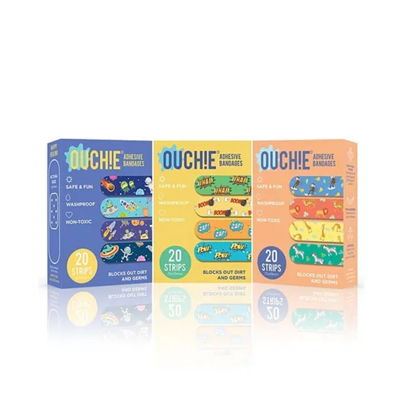 Ouchie Printed Bandages Pack of 3 Blue Yellow Orange – 20 Bandages each