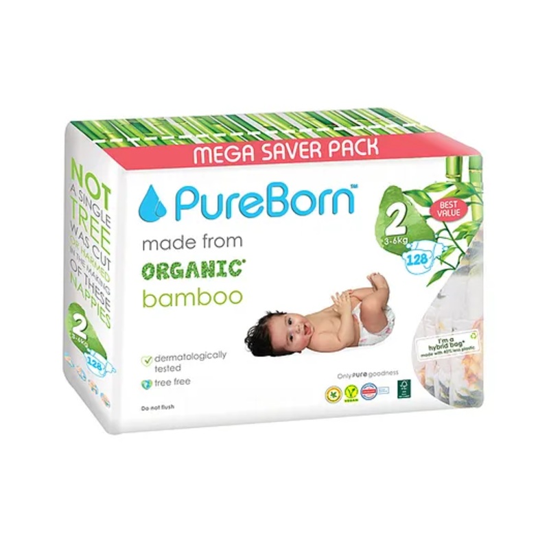 PureBorn Organic Disposable Baby Diapers I Super Soft I Maximum Leakage Protection I Made with Organic Bamboo I Master (Pack Of 128 Pcs), Size 2 (3-6 Kg)