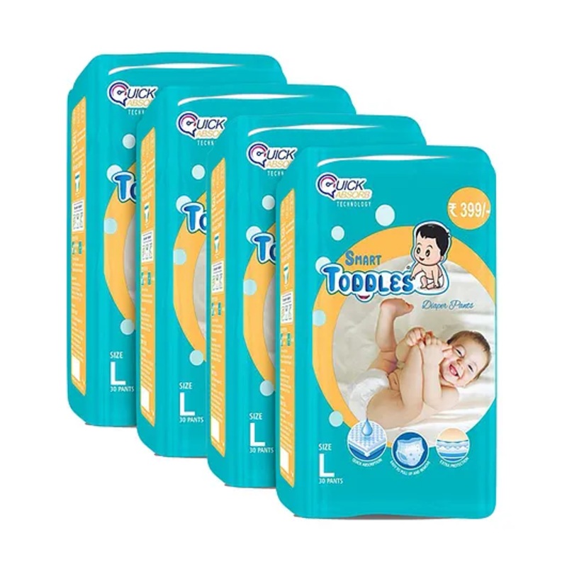 SMART TODDLES Baby Diaper Pants 120 (Size – L) Combo of 4 With Quick Absorption Technology and Extra Protection | Easy to Pull Up and Remove