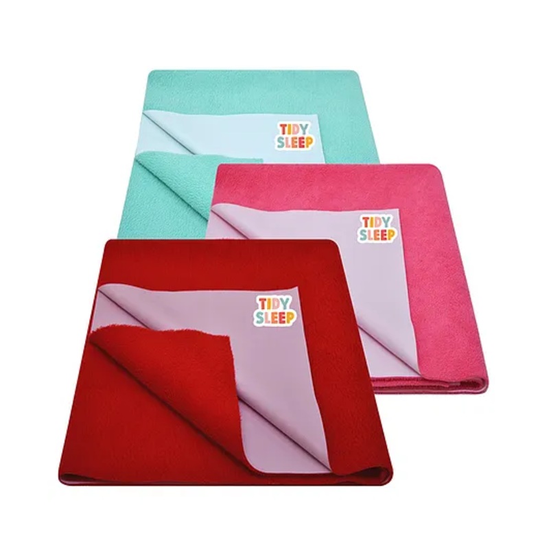 TIDY SLEEP Waterproof Baby Bed Protector Dry Sheet For New Born Babies-Ocean Green, Hot Pink, Cherry Red  Pack of 3 (Medium)