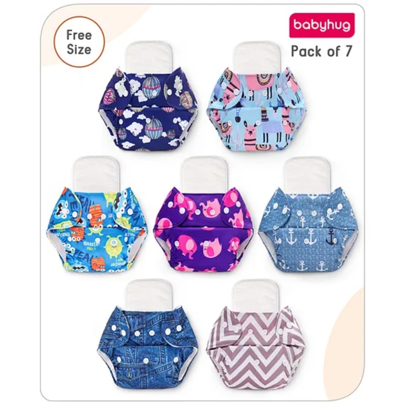 Babyhug Printed Free Size Reusable Cloth Diaper with Inserts Pack of 7 – Multicolour