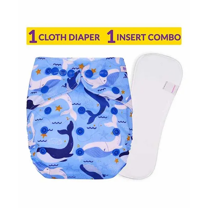 Bembika Reusable Cloth Diapers with 4 Layer Insert Whale Print – Sky Blue