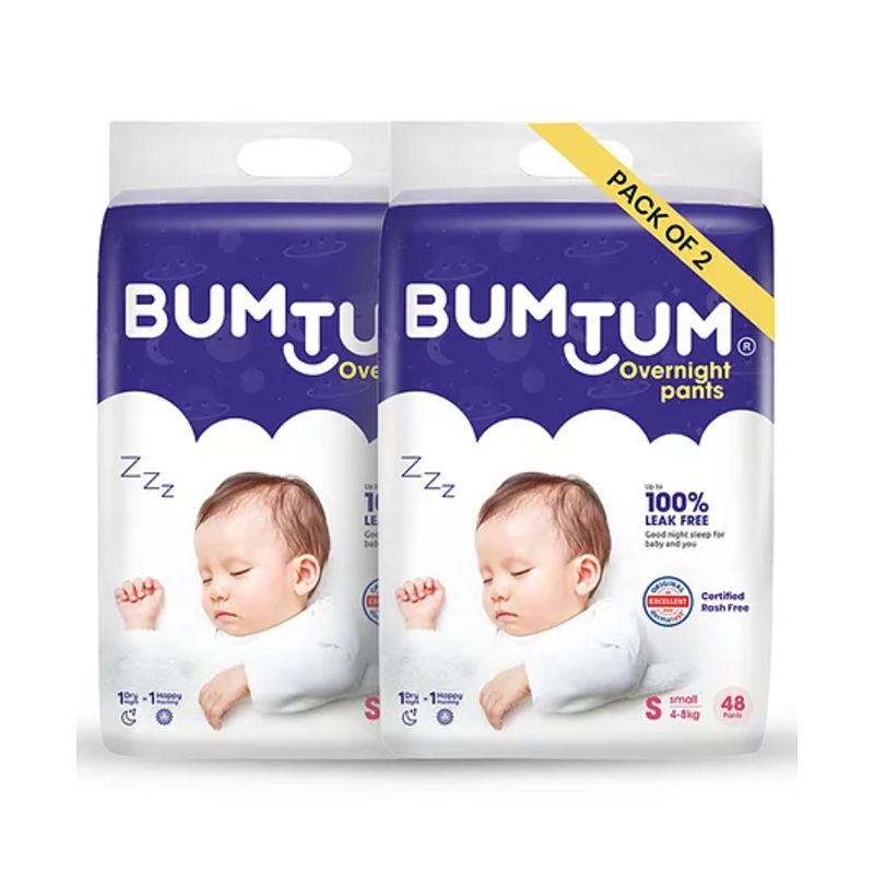 Bumtum Overnight Diaper Pants with Chamomile Microbial Layer Leak Protection & Rash Control Pack of 2 Small – 96 Pieces