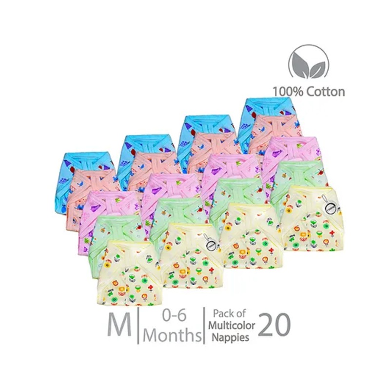 Chirsh New Born Baby Cloth Diapers Washable & Reusable Cotton Cloth Nappies Infants Langots With String (0-6 Months, Pack Of 20) Medium- Multi Color