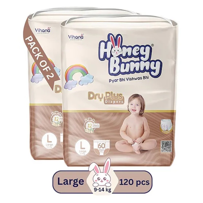 HONEY BUNNY Baby Diaper Pants Super Soft Dry Plus 12 Hour protection -Pack of 120 L – L