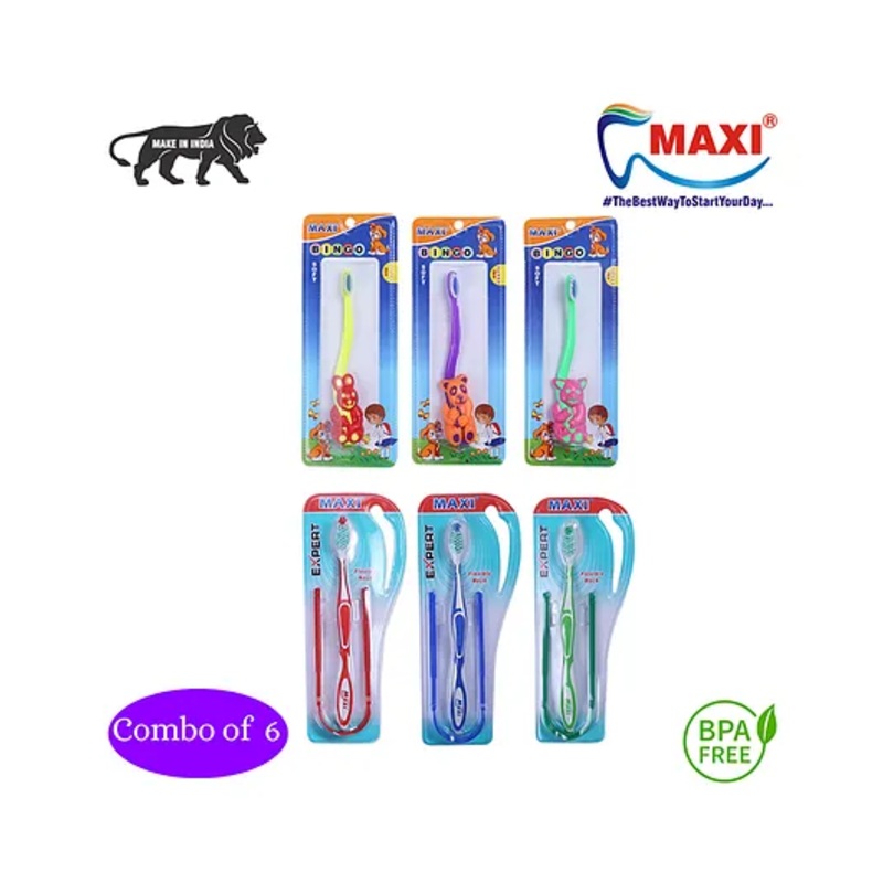 MAXI Mommy & Baby Oral Care Junior Hygiene Kit 3 Kids & 3 Adults Toothbrush Combo – Pack of 6