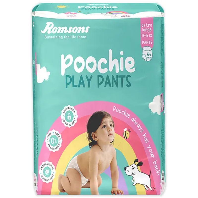 Romsons Poochie Play Pants Baby Diaper | XL Size | Super Absorbent Core | Leakproof Protection for up to 10 Hours | Wetness Indicator | 360 Comfort Fit | Suitable for 13-15 KG | Pack of 1 (54 count)