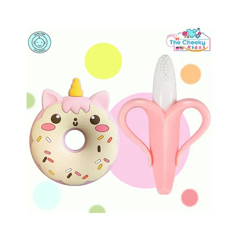 The Cheeky Kidzz Baby Soft Bristles Silicone Banana Toothbrush With Unicorn Shape Teether Teething BPA Free (PINK)