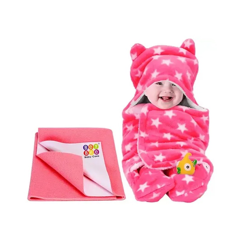 Bey Bee Wearable Hooded Full Body Cover Baby Sleeping Bag and Dry Sheet Star Print Small – Peach Pink
