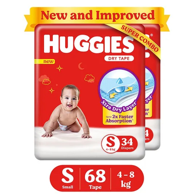 Huggies Adjustable Dry Tape Style Diapers, Small (S) Size (4-8 Kgs), Combo Pack of 68 | Up To 2X Faster Absorption, Up To 12 Hours Overnight Absorption