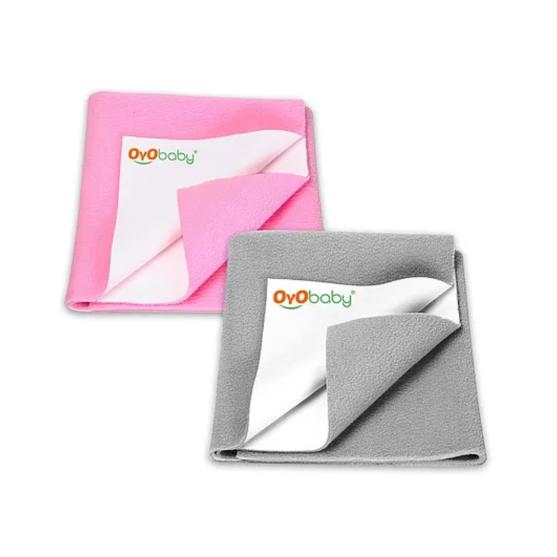 OYO BABY Anti-Piling Fleece Extra Absorbent Instant Dry Sheet, Baby Bed Protector, Waterproof Sheet, Small (100cm x 70cm), Gray and Pink (Pack of 2)