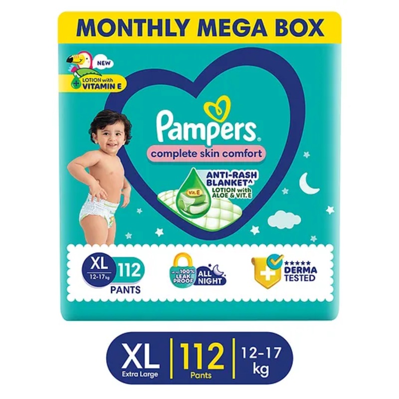 Pampers Complete Skin Comfort Pants, Anti-rash blanket, Lotion with Vitamin E & Aloe Vera,  Extra Large size baby Diapers, (XL) 112 Count, 12-17 kg
