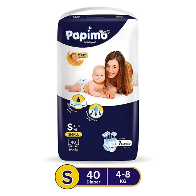 Papimo Baby Diaper Pants  | 12 Hours Absorption with Criss-Cross Technology | Cottony Soft & Breathable | Aloe Vera Infused | Wetness Indicator | Small (4-8 KG) | Pack of 1 (40 Diapers)