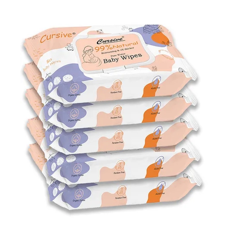 Cursive Soft Cleansing Baby Wipes with Aloe Vera, Coconut Oil Aloe Vera & Vitamin E, Soft and Paraben Free  , Lid Pack , 80 sheets-Pack of 5 |baby wipes |wipes for baby | wet wipes for baby
