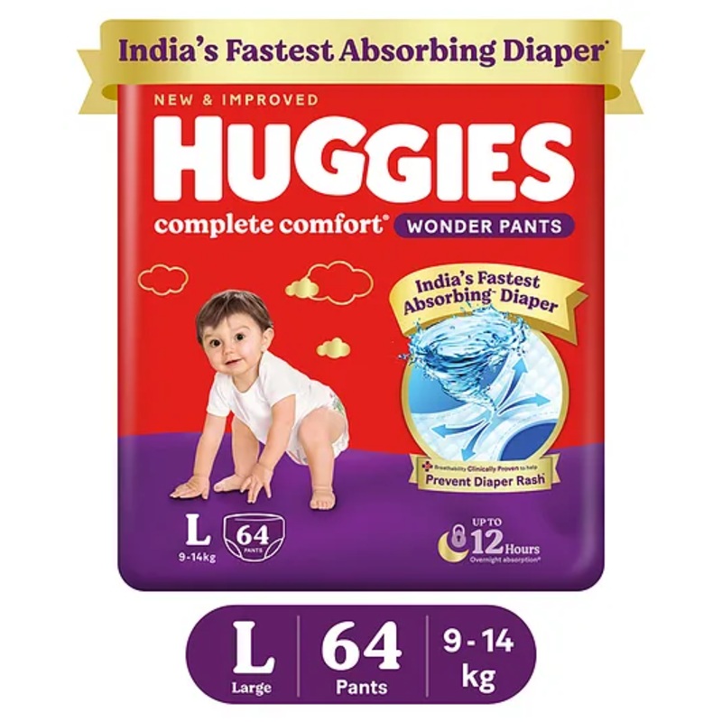 Huggies Complete Comfort Wonder Pants, India’s Fastest Absorbing Diaper | L Size, 64 Diapers