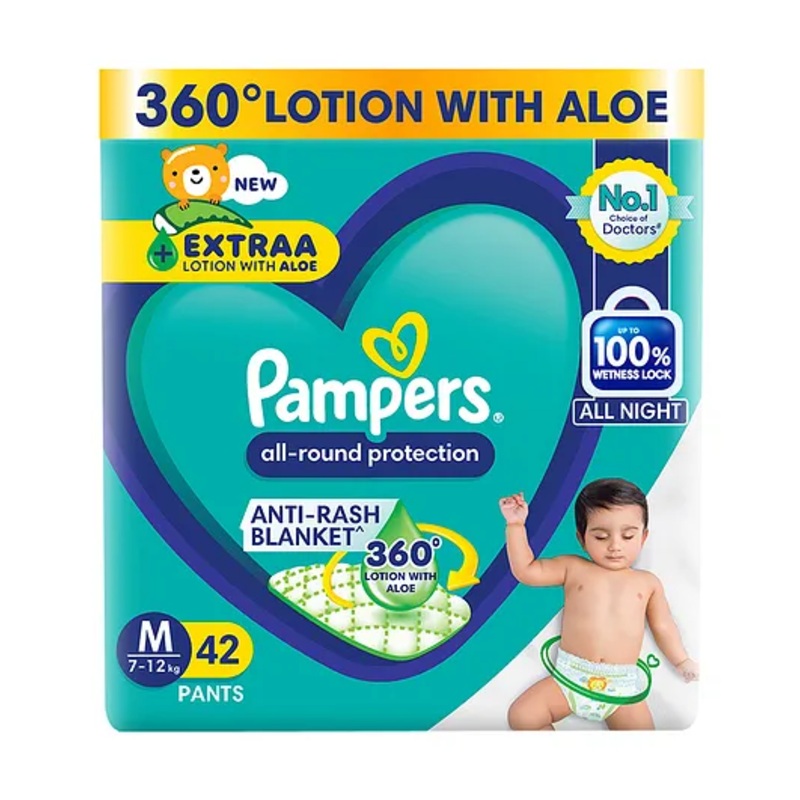 Pampers All round Protection Pants, Medium size baby diapers (MD) 42 Count, 7-12 kg, Anti-rash blanket, 360 degree Lotion with Aloe Vera