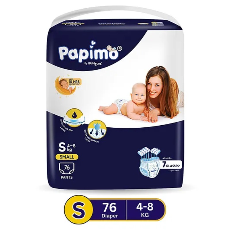Papimo Baby Diaper Pants  | 12 Hours Absorption with Criss-Cross Technology | Cottony Soft & Breathable | Aloe Vera Infused | Wetness Indicator | Small (4-8 KG) | Pack of 1 (76 Diapers)