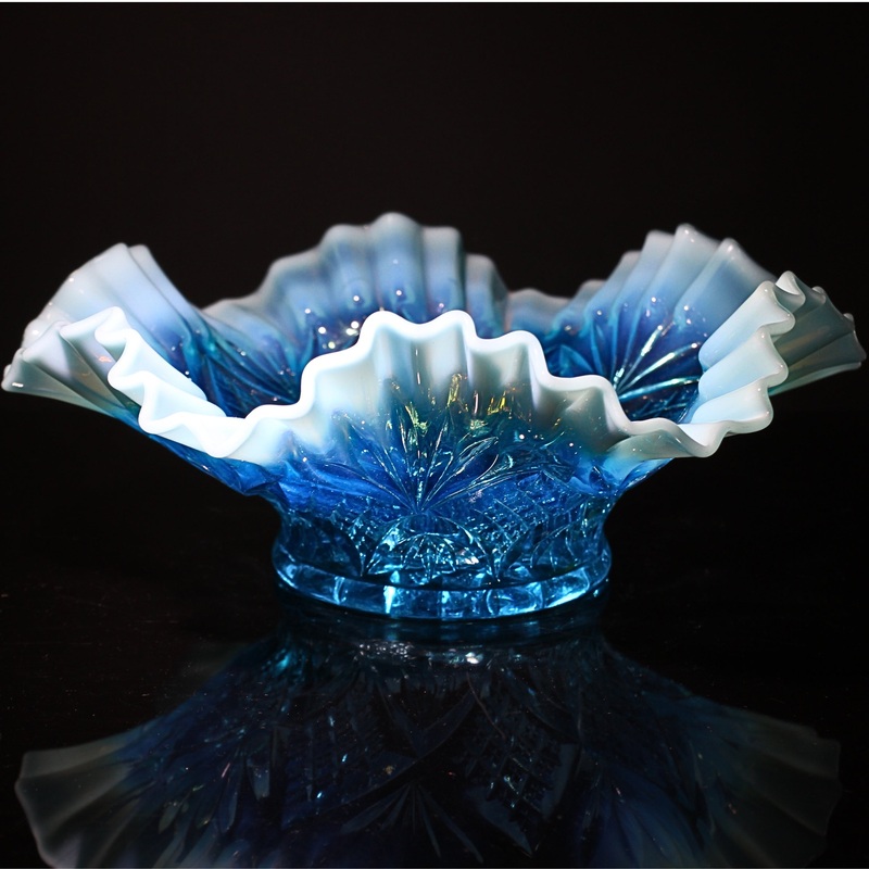 Antique Dugan Blue Reflecting Diamonds Opalescent Glass Bowl