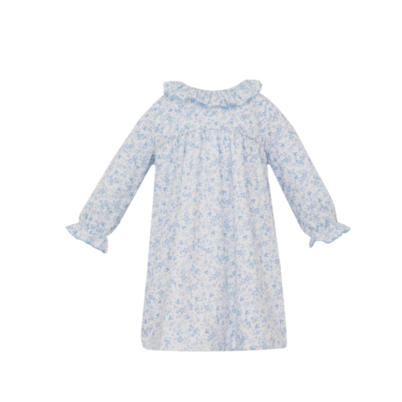 Light Blue Bird Print Floral Dress w/ Ruffle Collar