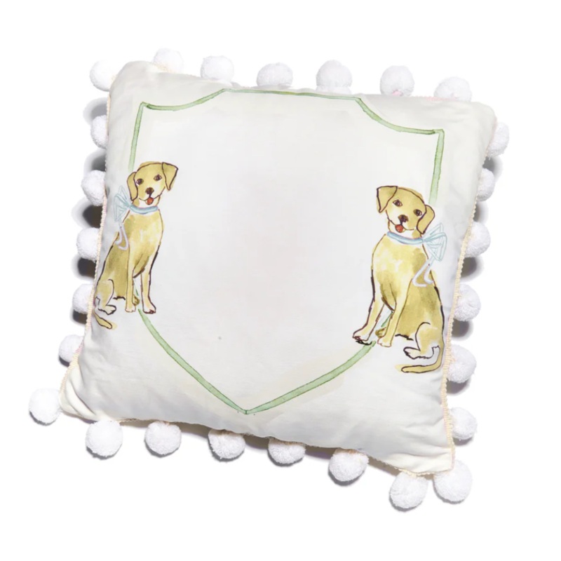 Yellow Dog with Blue Ribbon Pillow