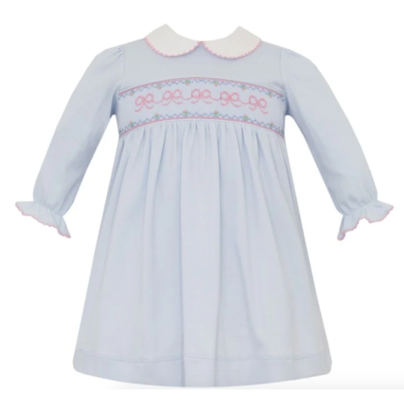 Petit Bebe Smocked Dress BOWS – Lt.blue knit