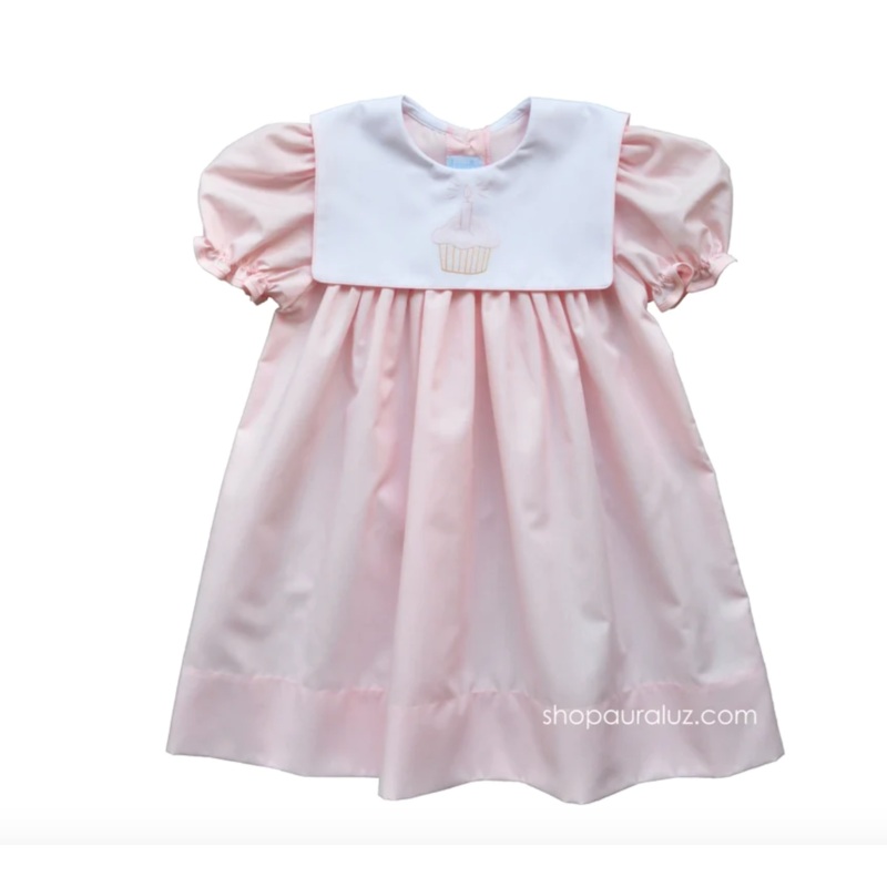 Pink Dress with Puff Sleeves, Binding Trim and Square Collar