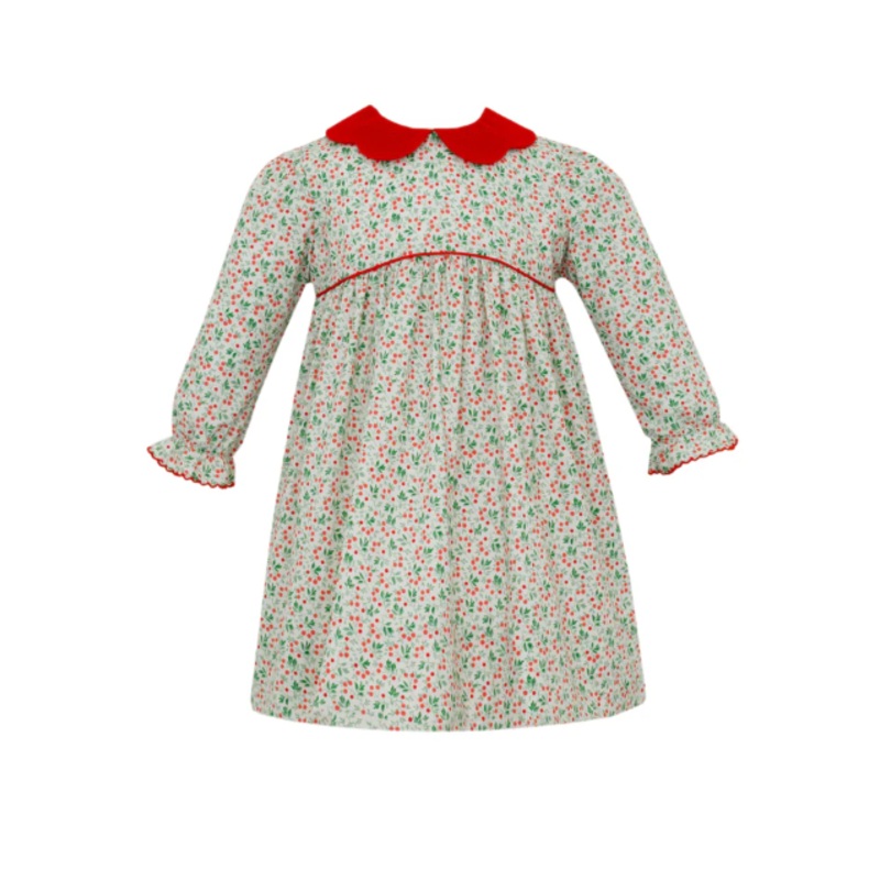 Holly Berries Print Dress W/ Red Scalloped Collar L/S