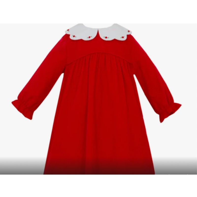 Red Corduroy Long Sleeve Dress W/ White Collar