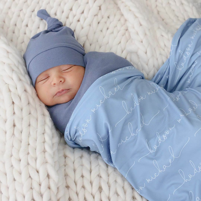 Personalized Powder Blue Baby Name Swaddle Blanket – Script