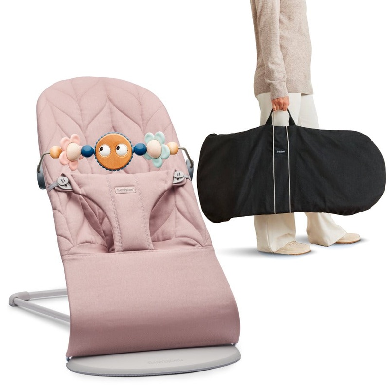 BabyBjorn Bouncer Bliss Cotton, Petal Quilt (Dusty Pink) + Transport Bag + Toy for Bouncer