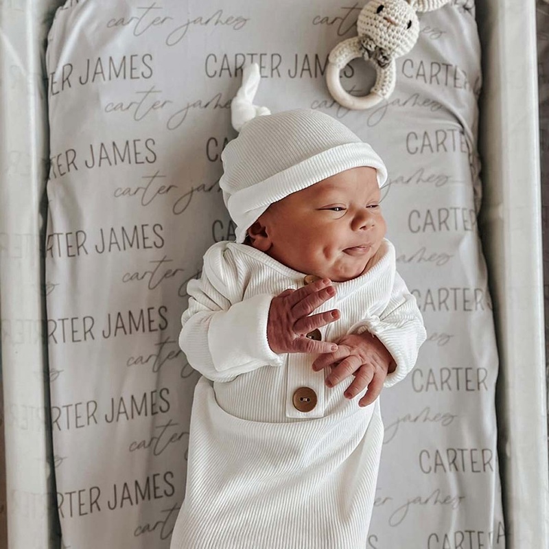 Personalized Taupe Baby Name Swaddle Blanket – Block & Script