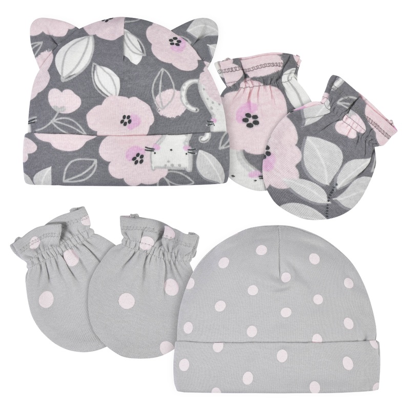 4-Piece Baby Girls Comfy Stretch Floral Leopard Caps & No Scratch Mittens Set