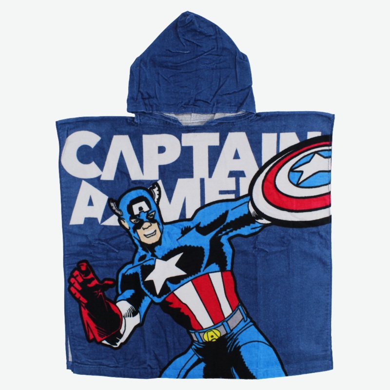 Boys Poncho Beach Towel with Hoodie  Indigo with Captain America Print