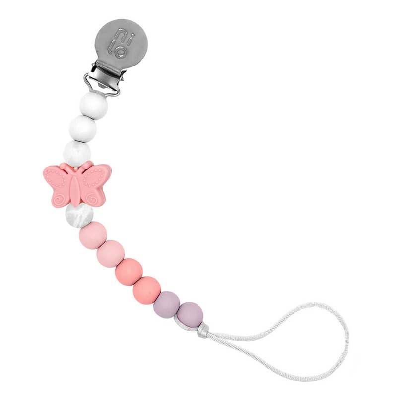 Silicone Beads Pacifier Holder Pink Butterfly