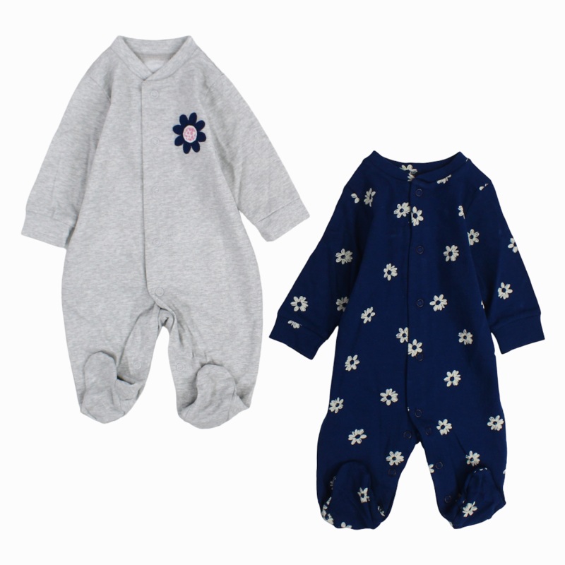 Baby Girls Cotton Baby Footie  Grey & Navy with Floral Print (2Pack)