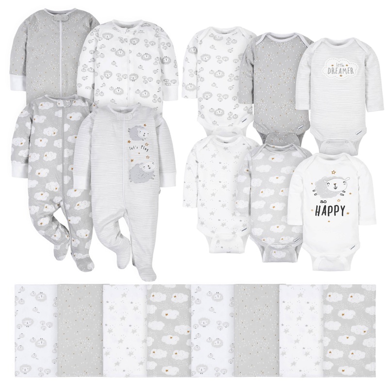 18-Piece Baby Neutral Sheep and Clouds Sleep ‘N Play, Onesies Bodysuit, and Burpcloth Set