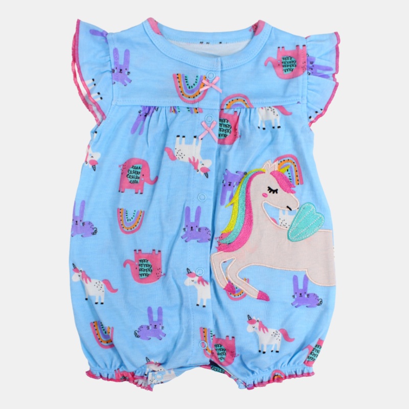 Baby Girls Cotton Romper  Light Blue with Unicorn & Elephant Print