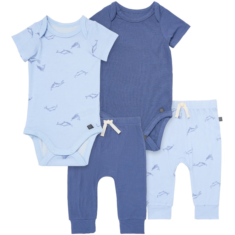 4-Piece Baby Boys Light Blue Whale Bodysuits and Pants Viscose Set